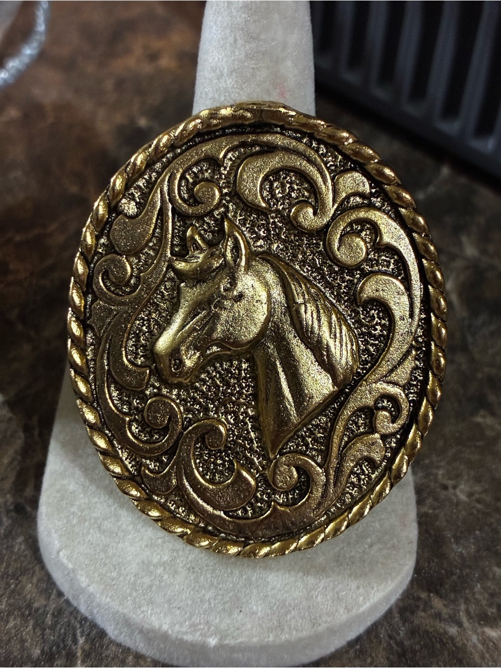 YOCHI Gold Horse Cameo Statement Ring ADJUSTABLE 22K Gold Plated MADE IN USA